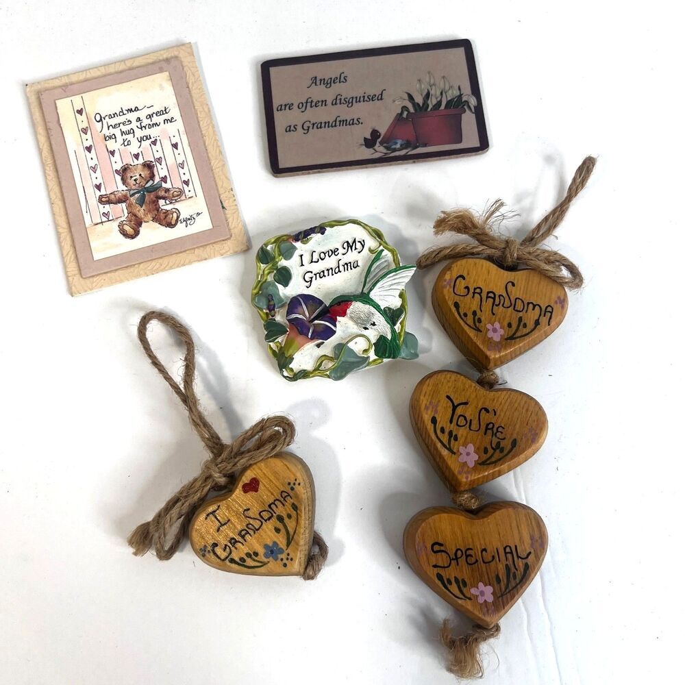 Grandma Grandmother Refrigerator Magnets & Wooden Heart Decor Lot of 5 MCM